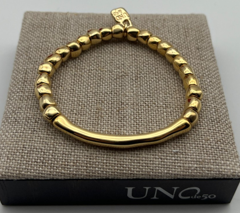 NEW Uno de 50 JOURNEY 18K Gold Plated Stretch Bracelet Tubular Piece Medium