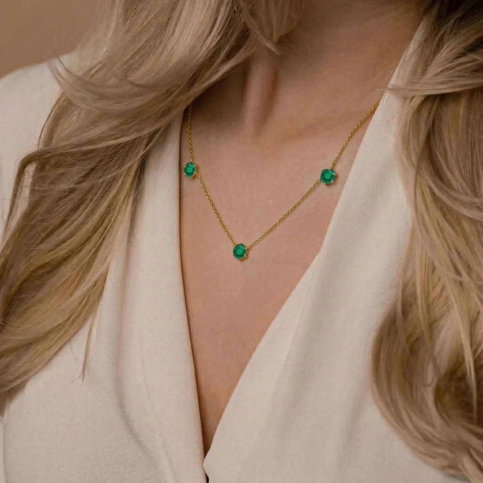 Emerald Station Necklace, Minimalist Emerald Necklace, 925 Silver Jewelry Gift
