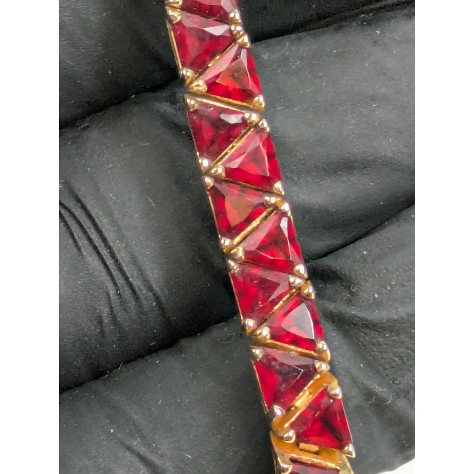 7″ 10kt Gold Vermeil Tennis Bracelet Triangle Trilliant Cut Red CZ 925 Sterling