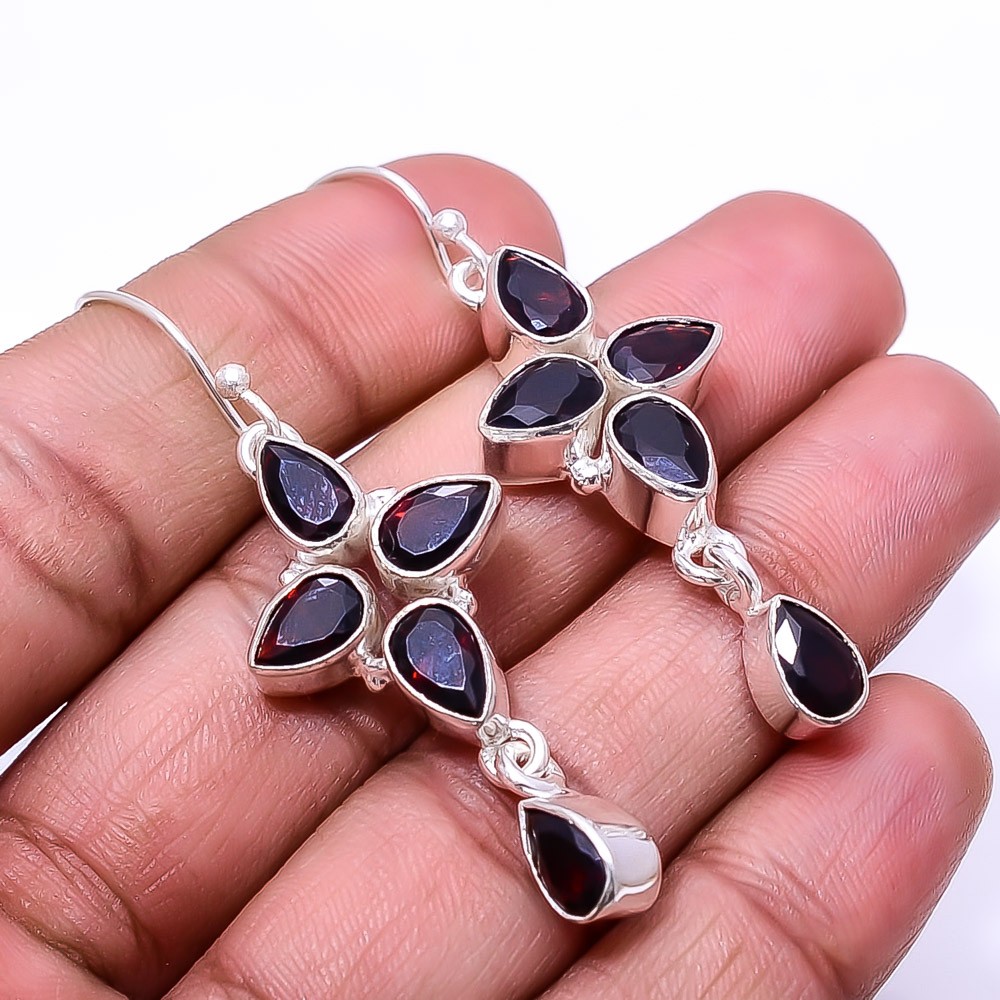 Red Garnet Multi Collet 925 Sterling Silver Earring 2.15″ E12, Christmas Gift