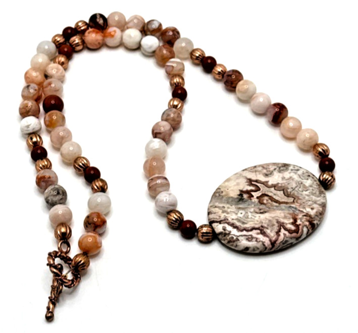 Artisan Pink Rosetta Jasper Necklace Beaded Moss Agate Stone Pendant Boho 23″
