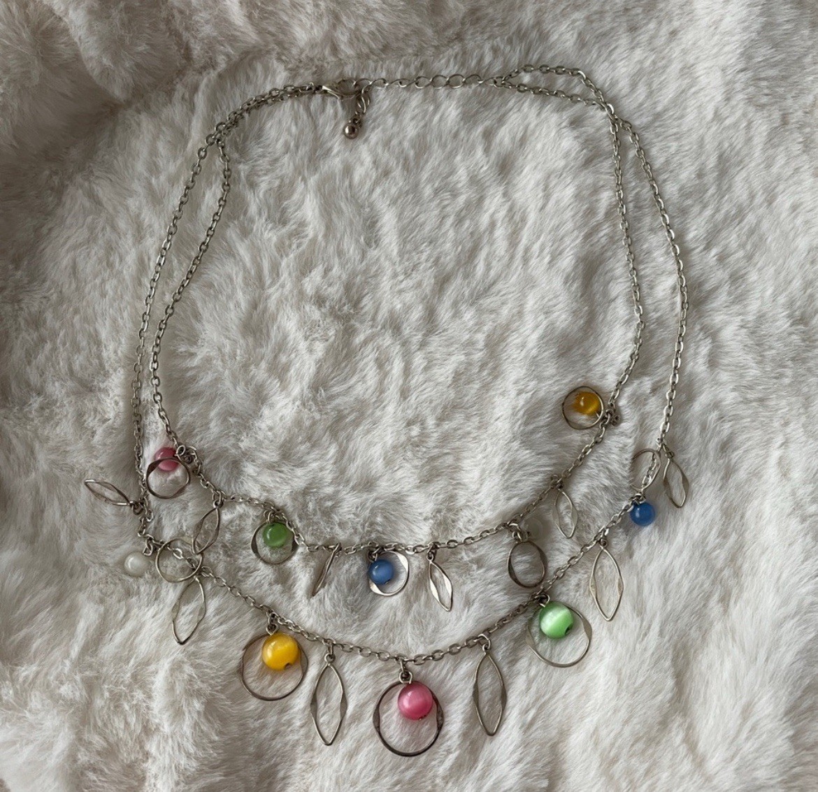 Lia Sophia Silver Tone Cable Chain Necklace Multicolor Bead Dangle Charm Fashion
