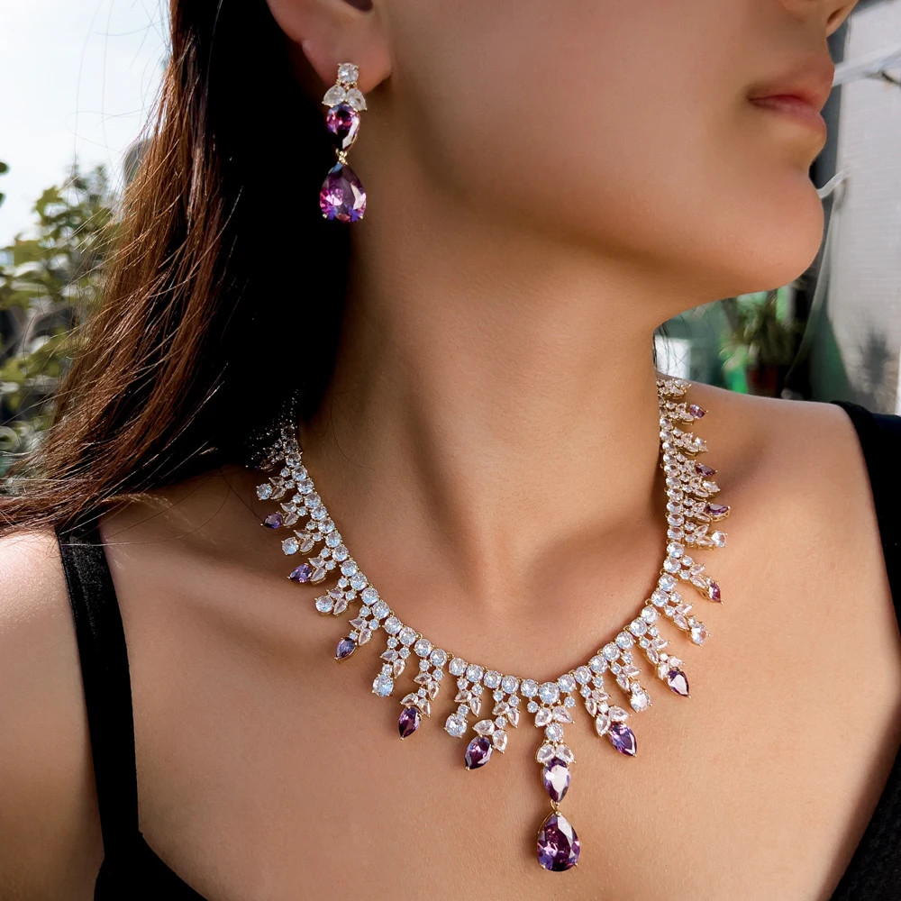 Luxury Gold Plated Purple CZ Wedding Necklace Pageant Bridal Jewelry Sets