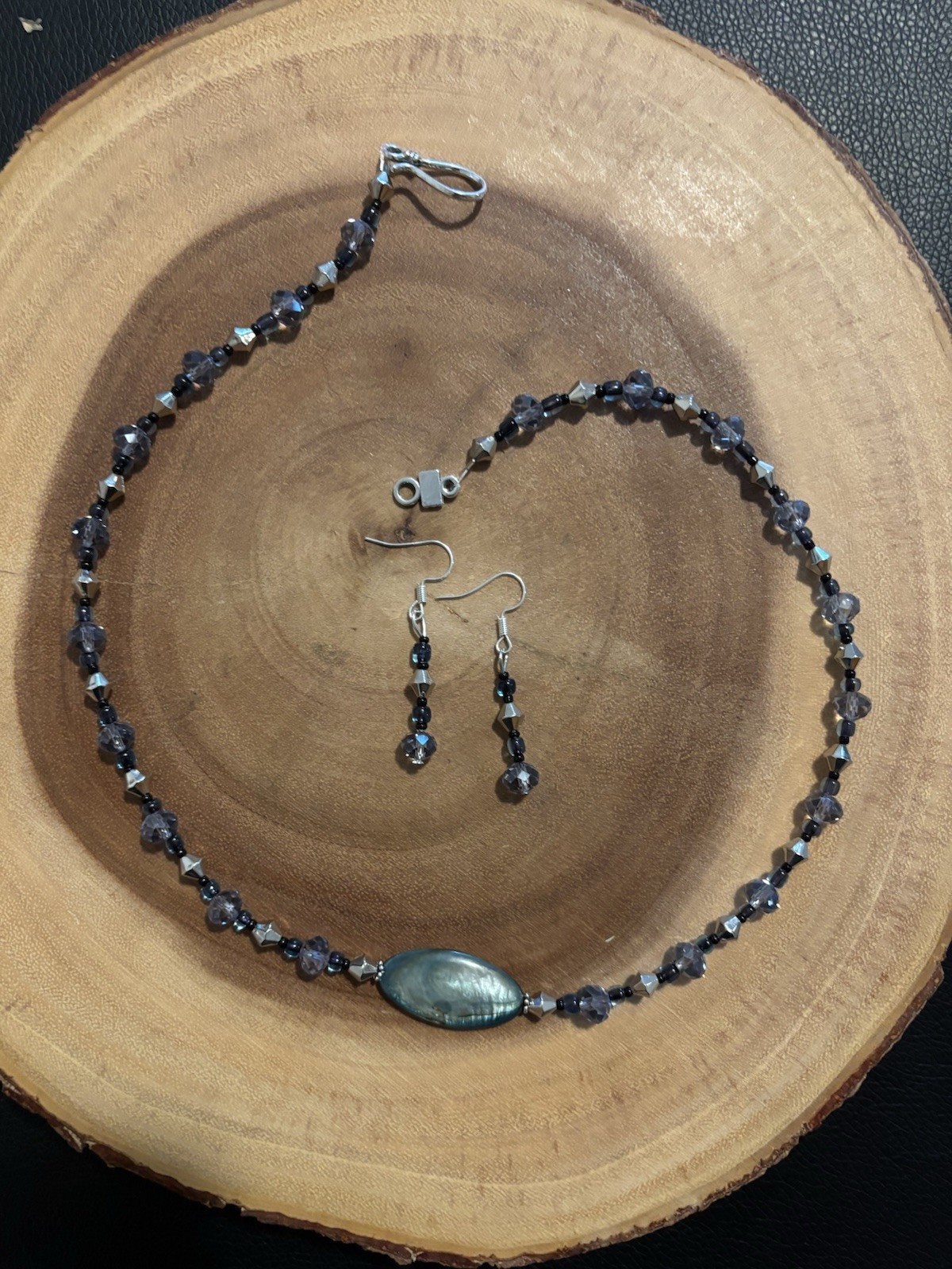 Grey, Black, Blue And Silver Set Of Necklace And Earrings. Classic And Chic.