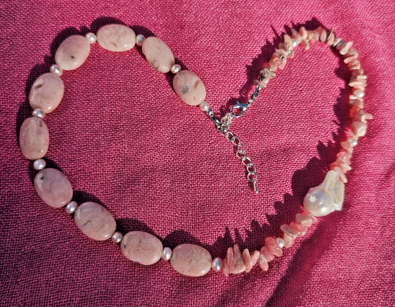 Baroque Pearl, Rose Opal, and Rhodochrosite Beaded Necklace, 20.5 in