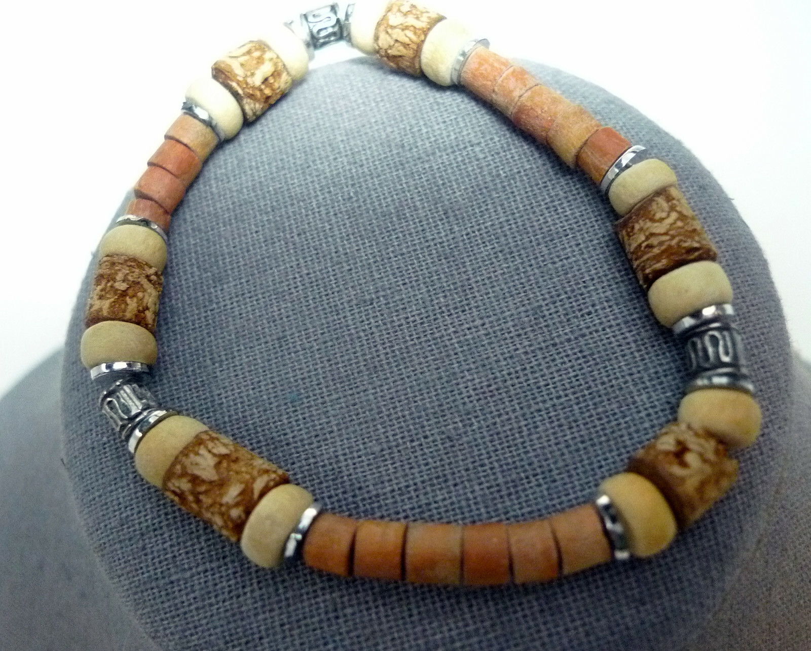 *8″ Wood Bead Cork Metal Bead Fashion Statement Bracelet 8″