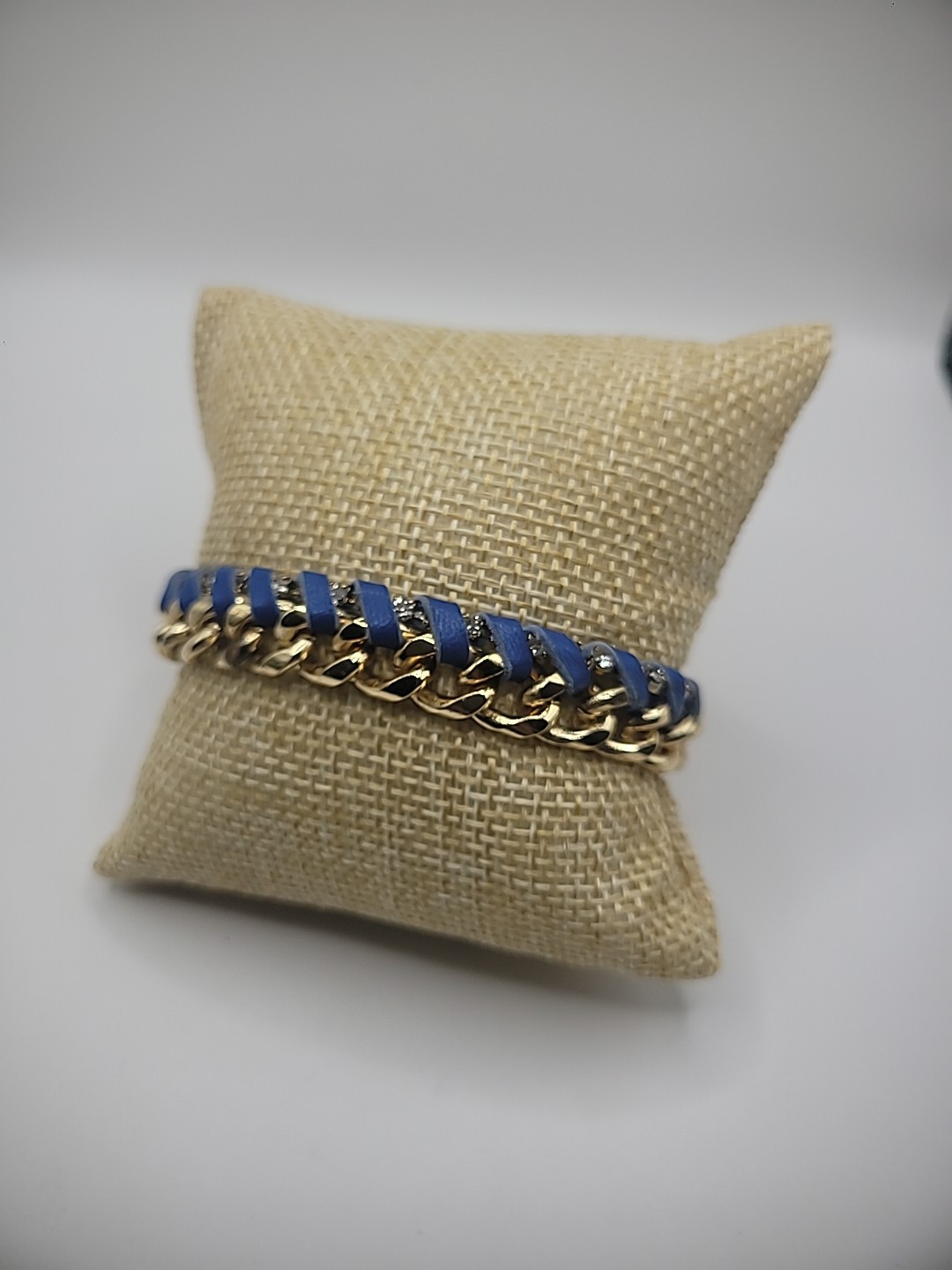 Vintage Ettika Bracelet Gold Tone Chain Leather Braided Blue Purple Jewelry