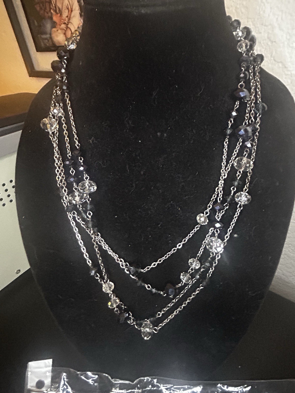 Black & Silver Glass Round Stone Jewelry Set w/ Necklace, Bracelet & Earrings