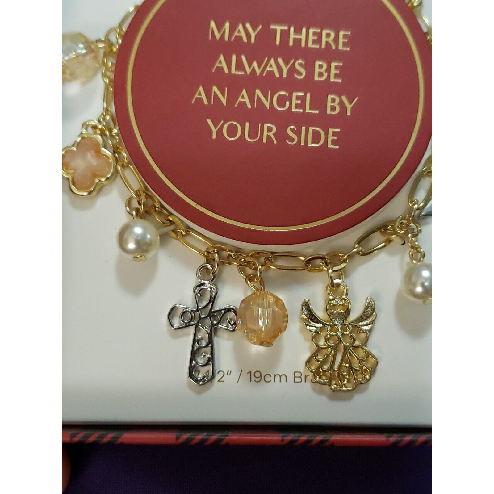 Gold Tone Charm Bracelet With Angels Crosses Faux Pearls & Pale Peach Beads, New