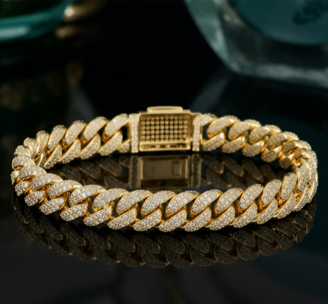 9Ct Simulated Diamond Elegant Wedding Cuban Link Bracelet 14K Yellow Gold Plated