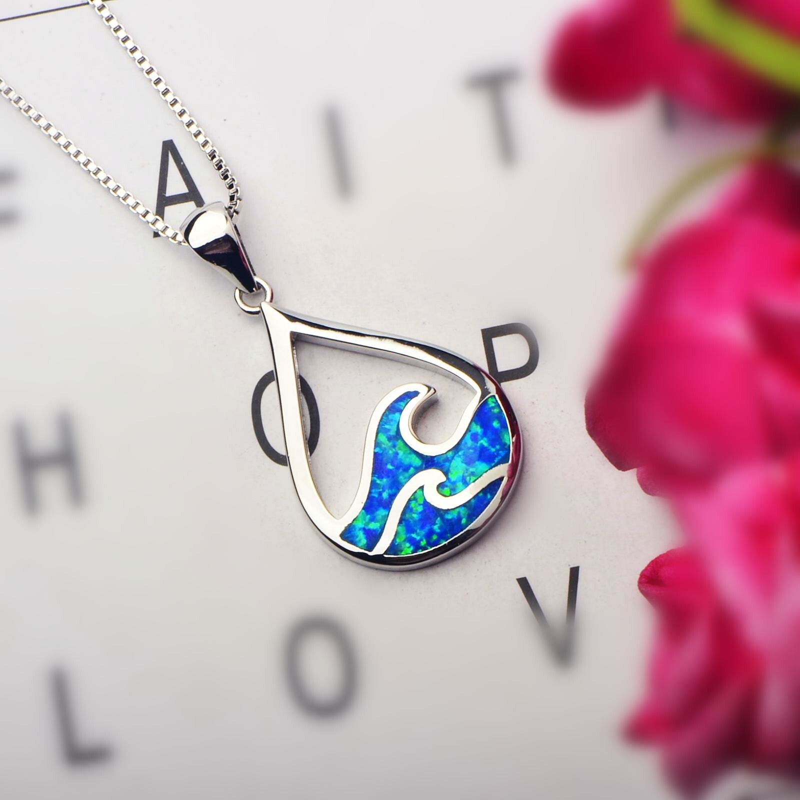 Hawaii Blue Fire Opal sea Wave Necklace pendants Silver Filled For Women Girls
