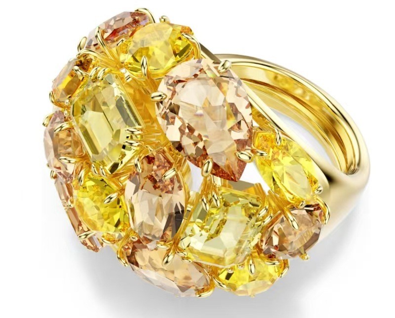 Luxury Yellow Swarovski Crystal Cluster Cocktail Ring Statement Women Jewelry