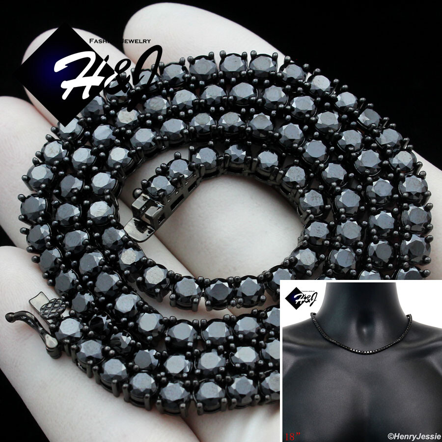 18″MEN 14K BLACK GOLD PLATED ICY BLING CZ 4MM 1 ROW TENNIS CHAIN NECKLACE*BBN2