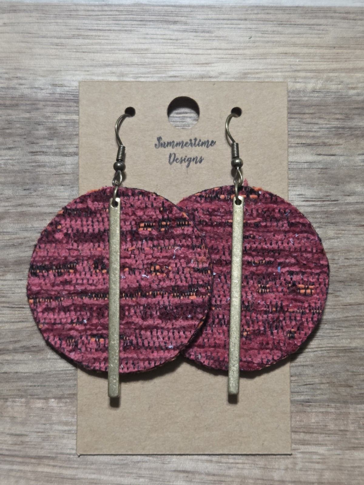 GENUINE Leather Backed Tweed Circle Cut Earrings w/ Gold Finding 2″