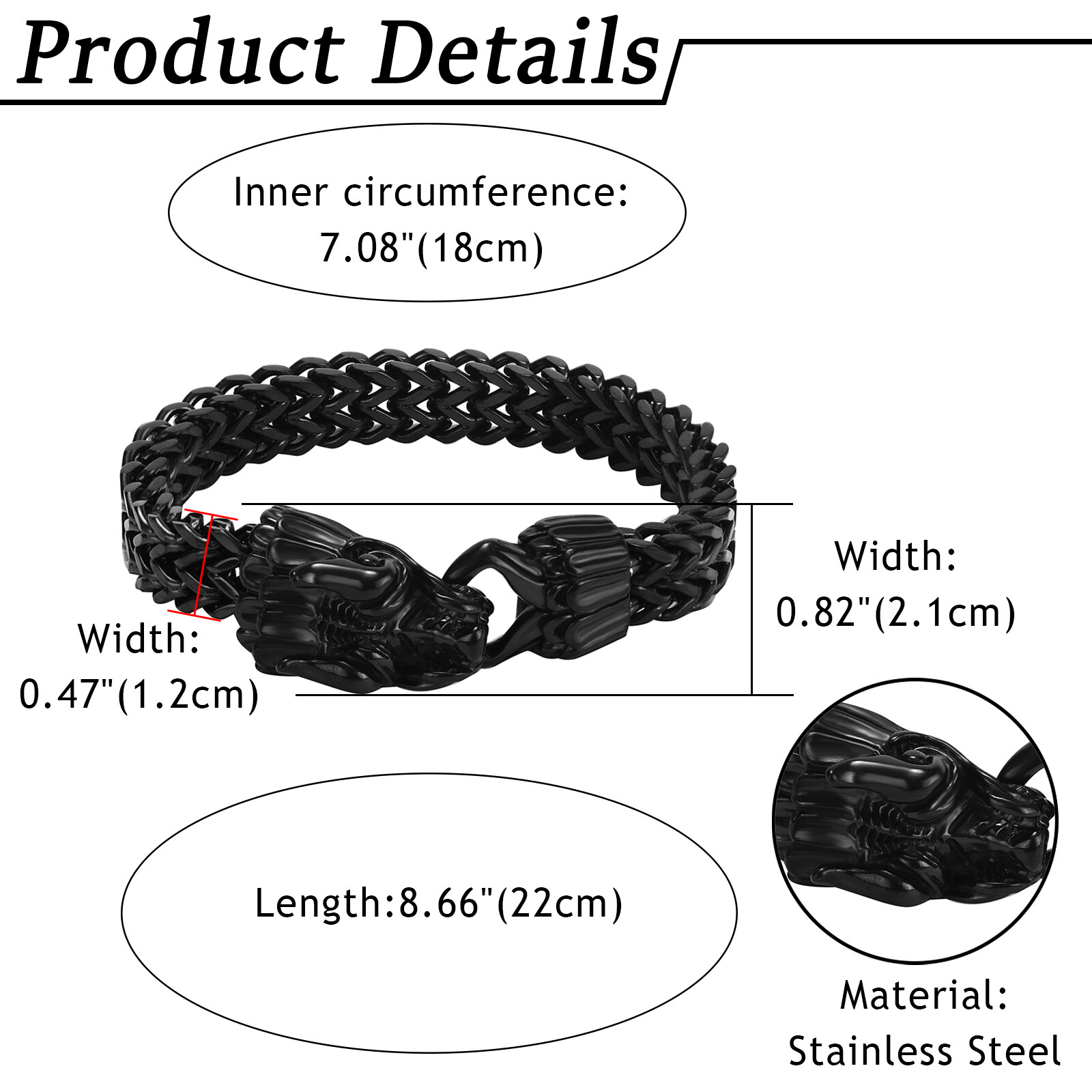 8.7 inches Mens Stainless Steel Dragon Head Biker Bracelet Figaro Chain Bangle