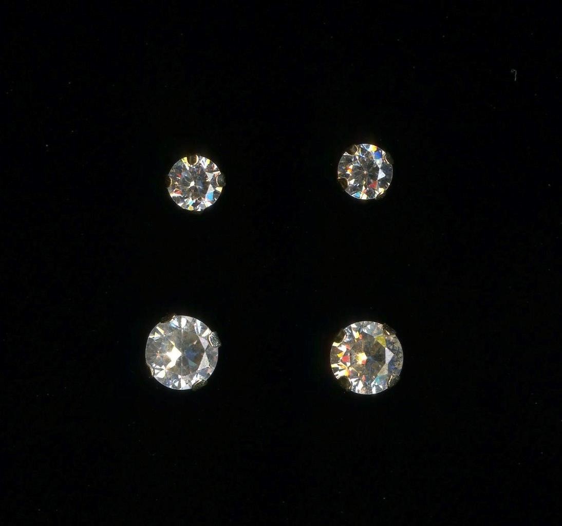 10K 2 Pair Sets Solid Yellow Gold 3mm & 4mm Round Clear Crystal CZ Earrings -HE