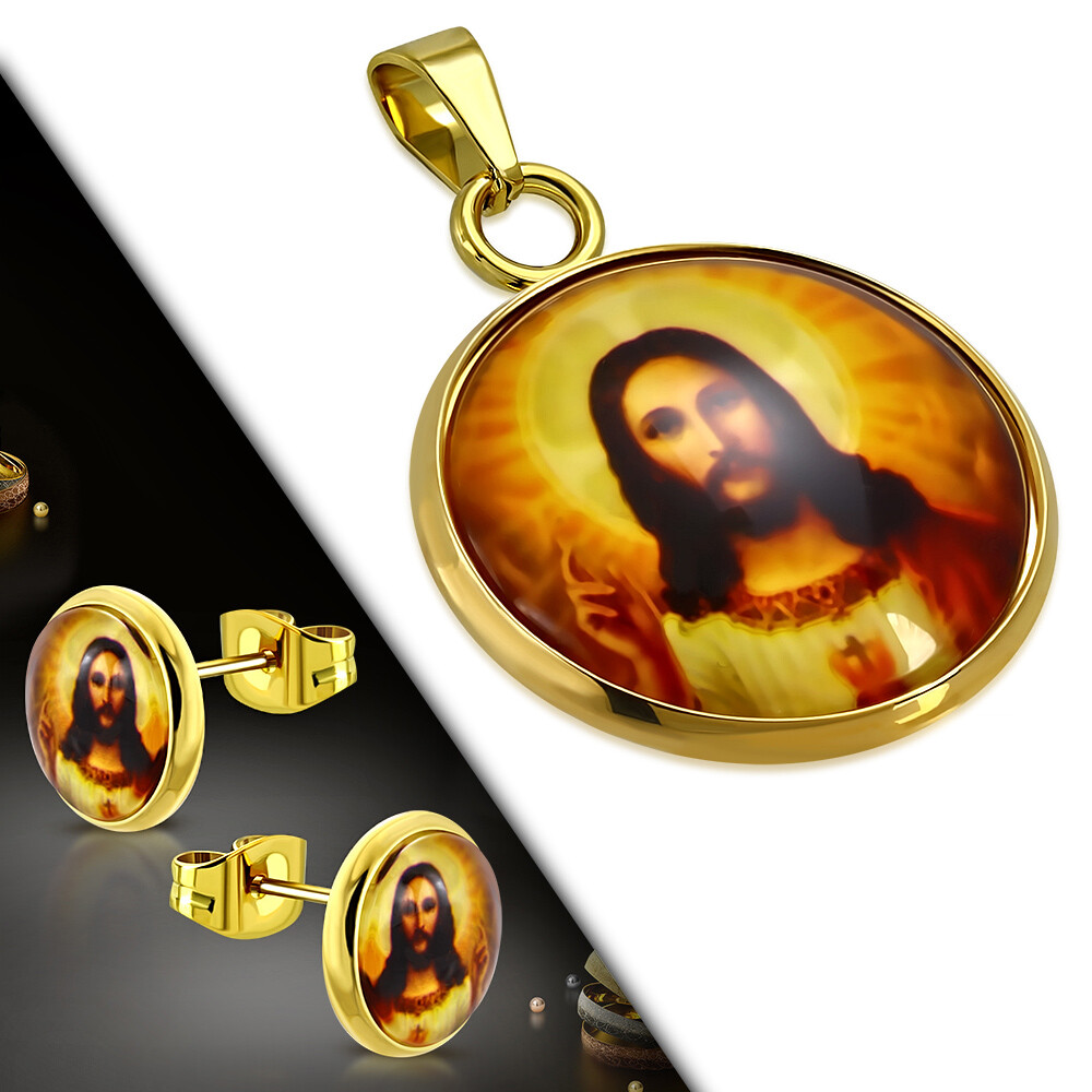Stainless Steel Yellow Gold-Tone Jesus Pendant Necklace Earrings Set, 20″