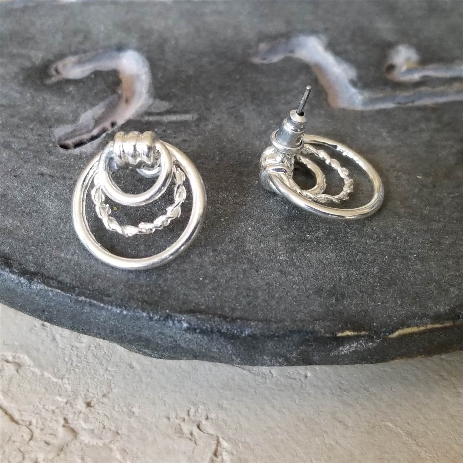 Art Deco Circles Hoop and Twist Sterling Silver Plated Stud Earrings