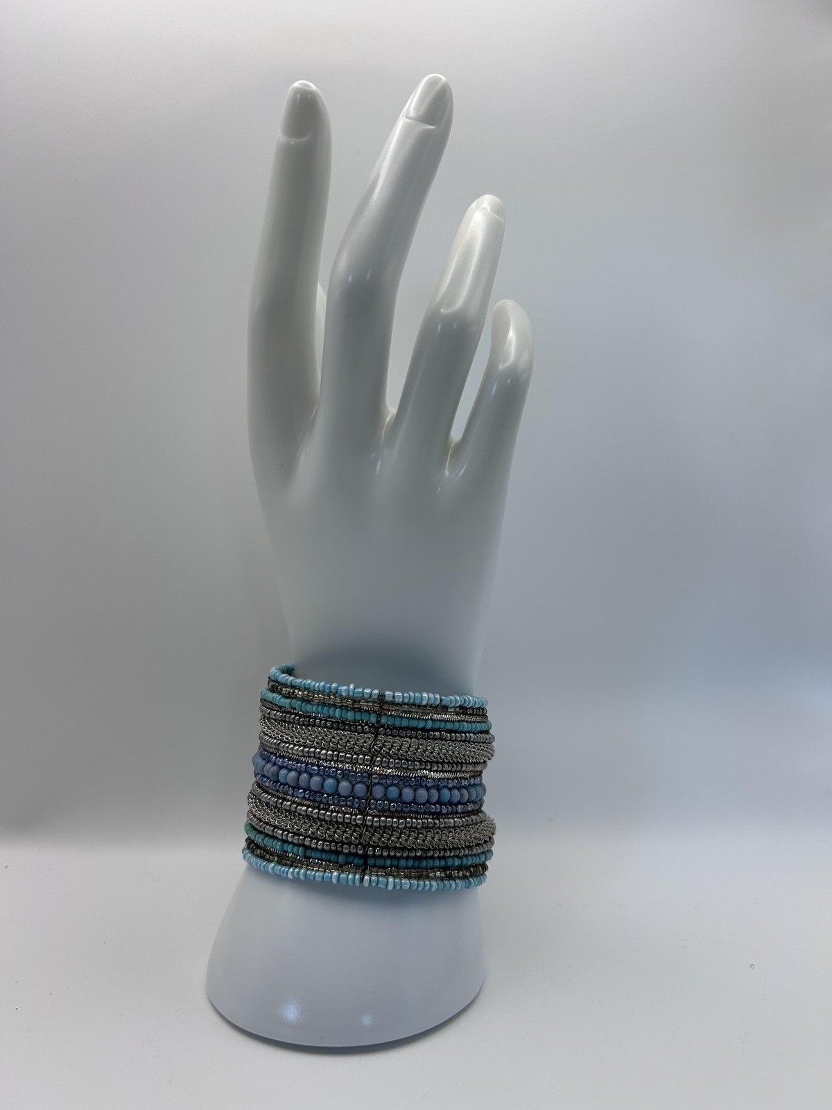 Bracelet Blue Beaded Wrap Cuff Silver Tone Multi Strand Boho 2.5 In Jewelry