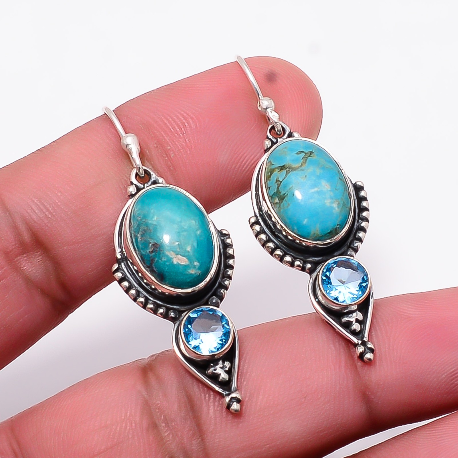 Turquoise – Tibet & Blue Topaz Oxidised Handmade 925 Silver Earring 1.82 E109548