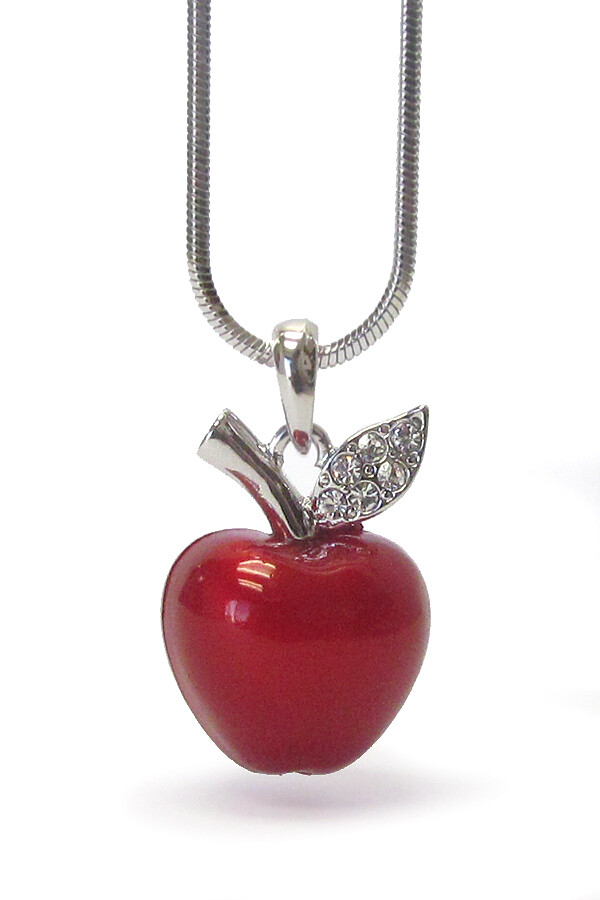 White Gold Plated Candy Red Apple Epoxy and Crystal Pendant Charm Necklace
