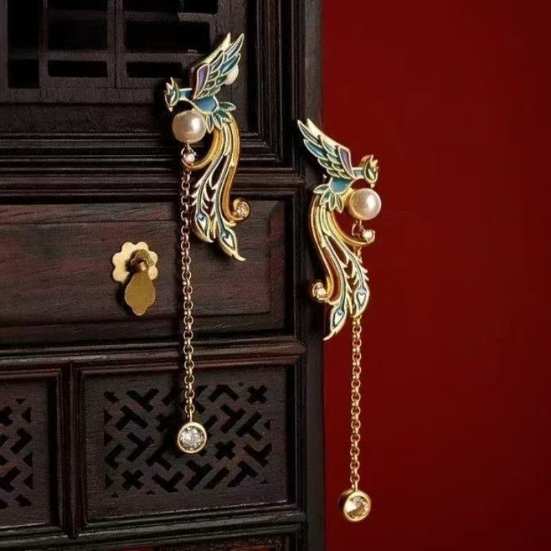New Chinese Phoenix Long Tassel Stud Earrings Women