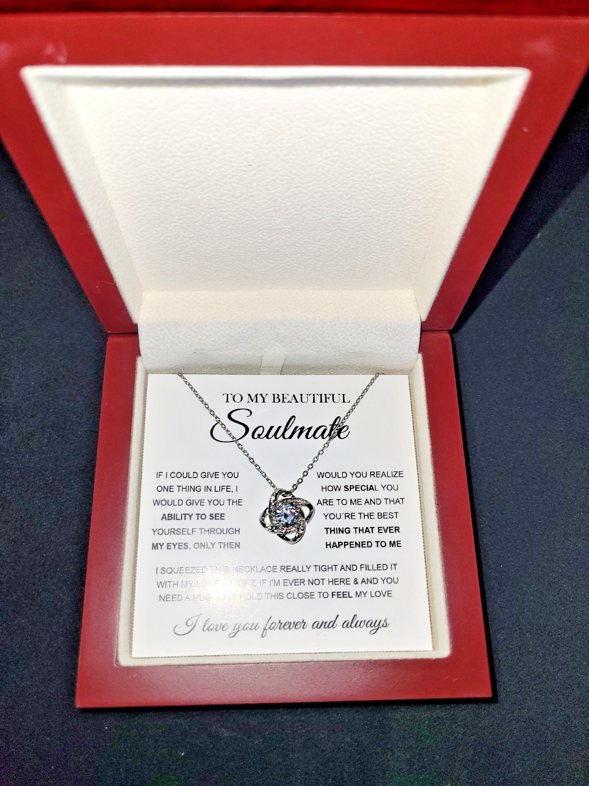 Women’s Soulmate Love Knot Necklace, silver plated, 18 to 22 inch chain.