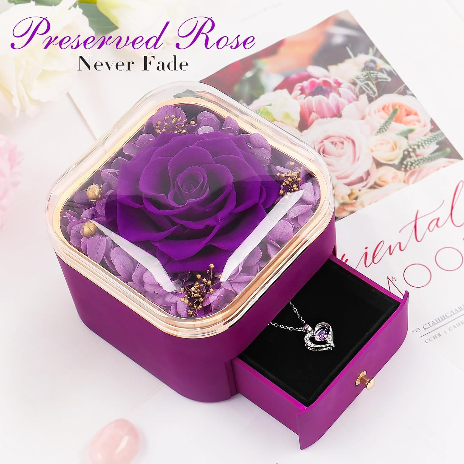 Birthday Gifts for Women Preserved Real Rose with Necklace Eternal Purple Roses