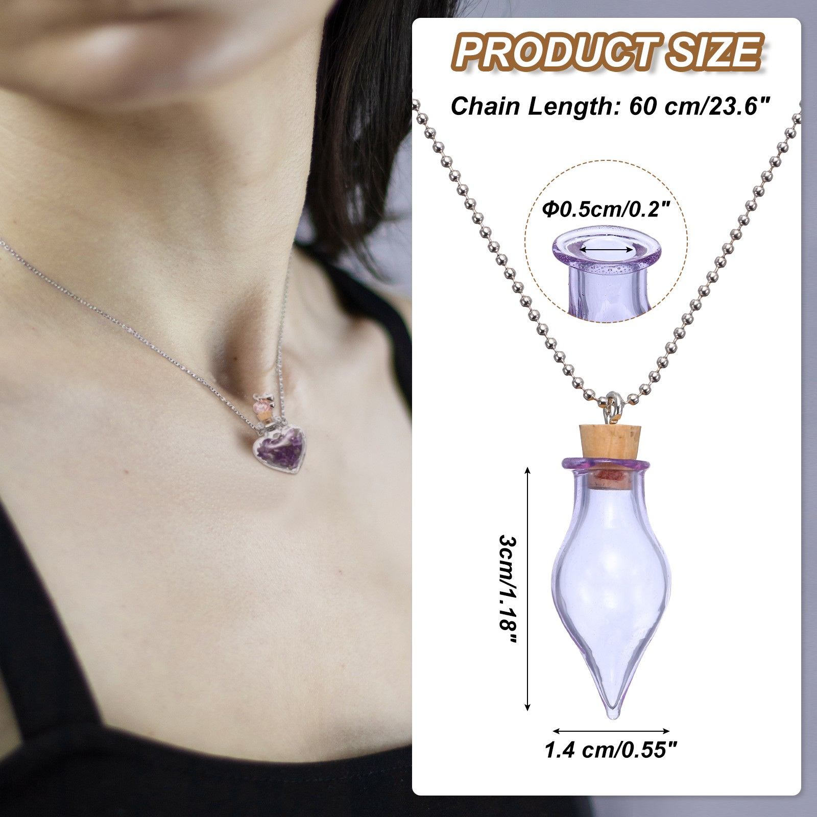 30mm Vial Necklace with Cork Stoppers Black Velvet Bag, Drop Shaped, Purple