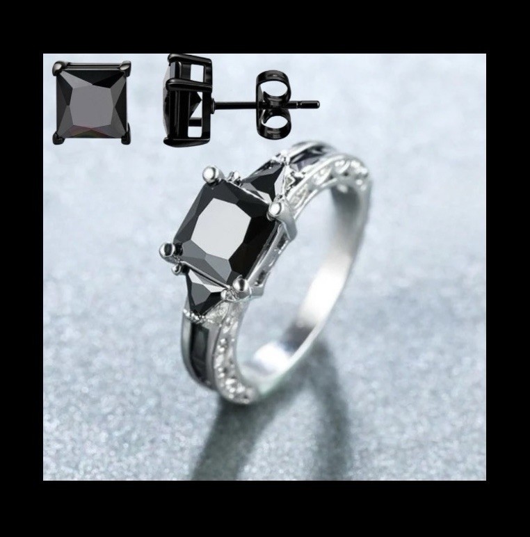 Beautiful Black Sapphire Square Earrings & Ring Size 10.5 Set