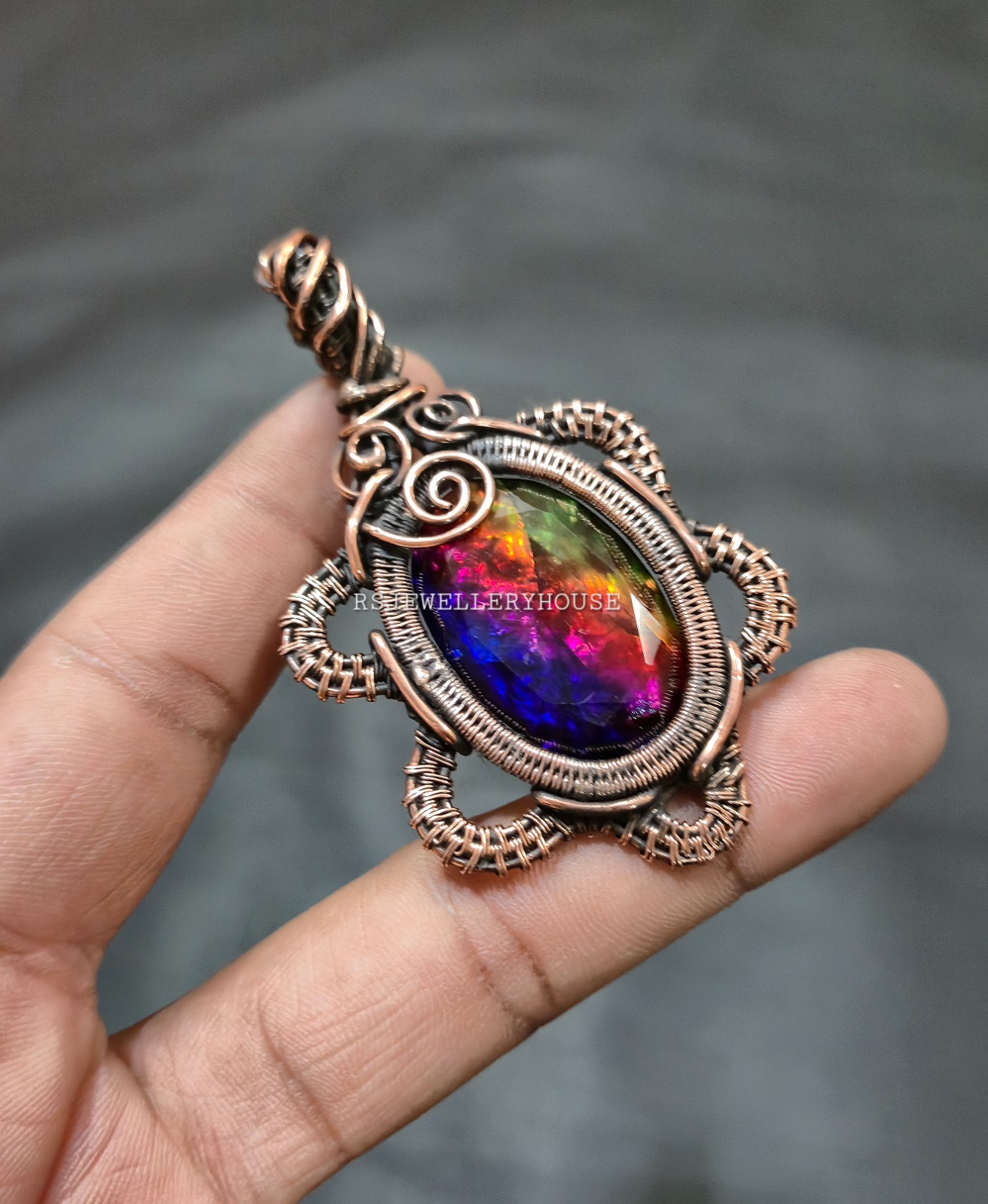 Ammolite Gemstone Copper Wire Wrap Pendant Handmade Jewelry Gift For Love