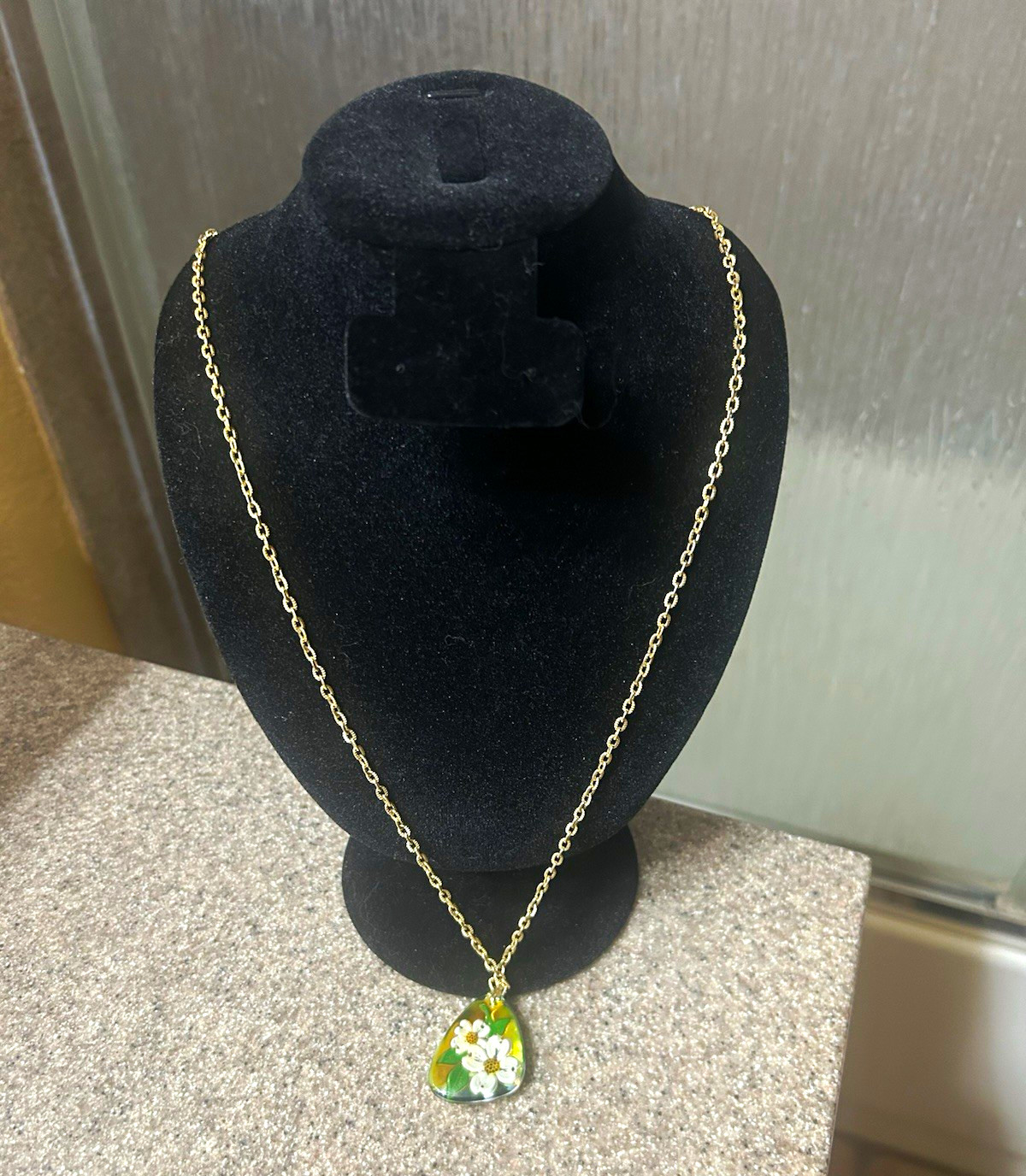 Gold Tone Cable Chain Necklace w Green/White Enamel Floral Charm Pendant