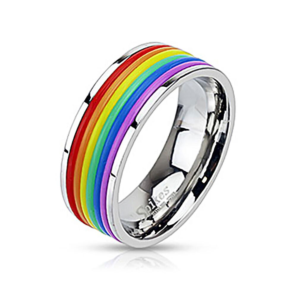 Pride Rainbow Rubber Striped Stainless Steel Band Ring