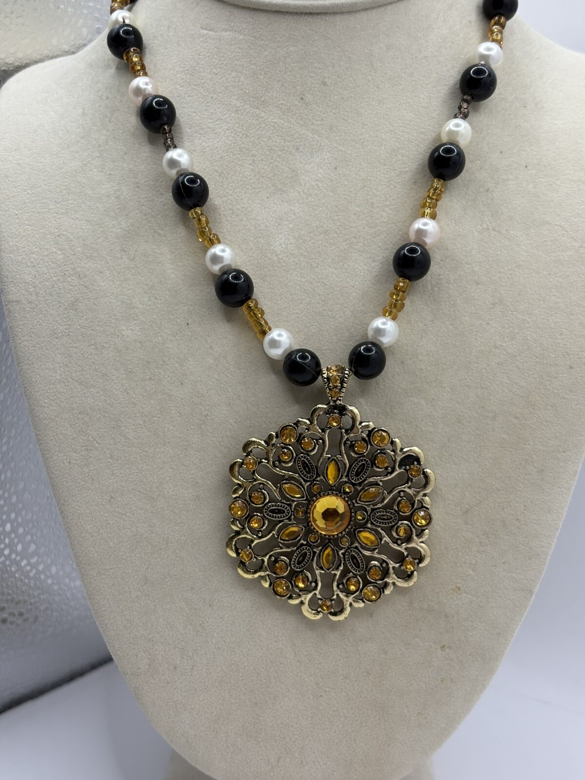 Black&White&Golden Beaded NecklaceW/ Goldton Medalian W/Glass Golden Rhinestones