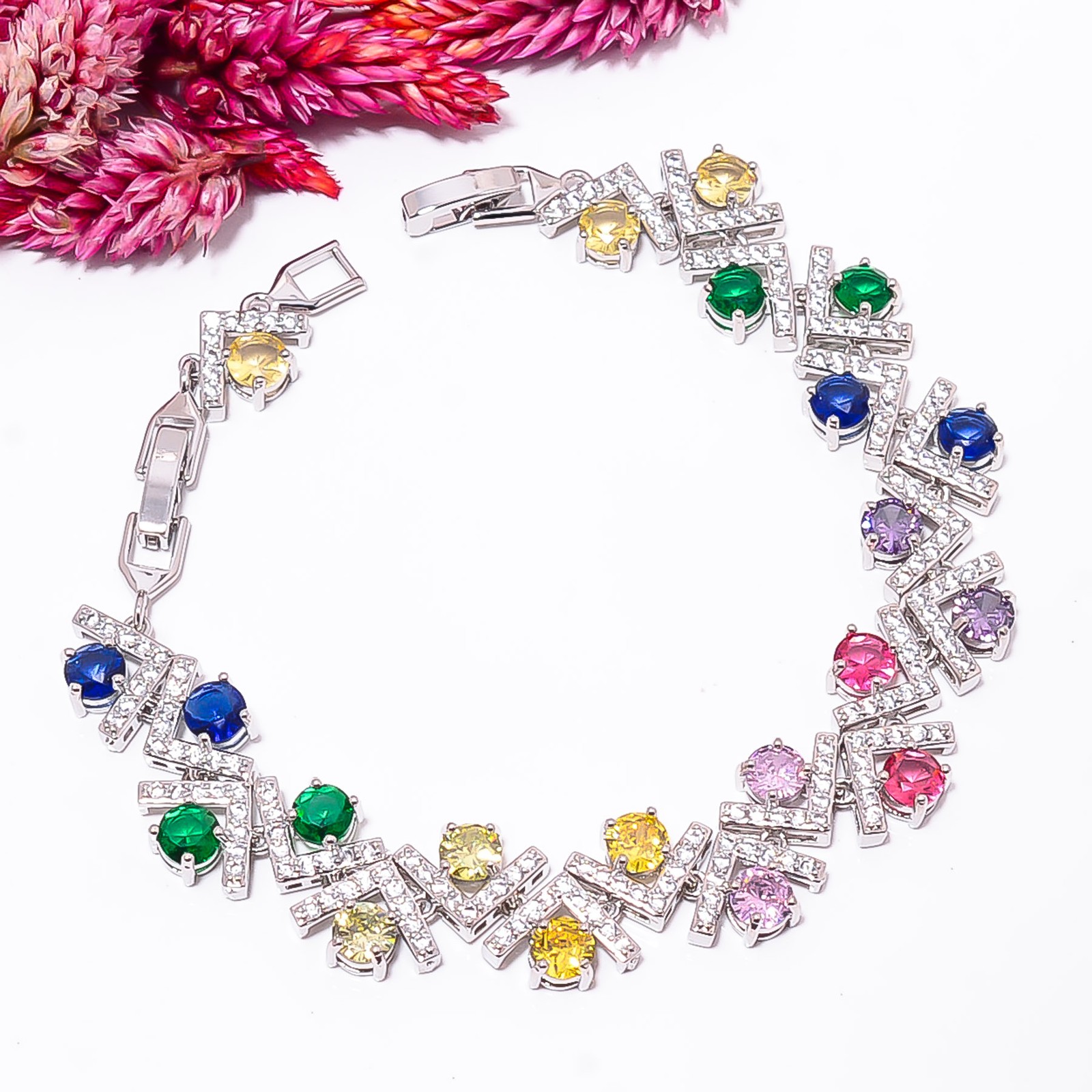 Multi Sapphire -Simulated, CZ 925 Sterling Silver Adjustable Bracelet 7-8″ B426