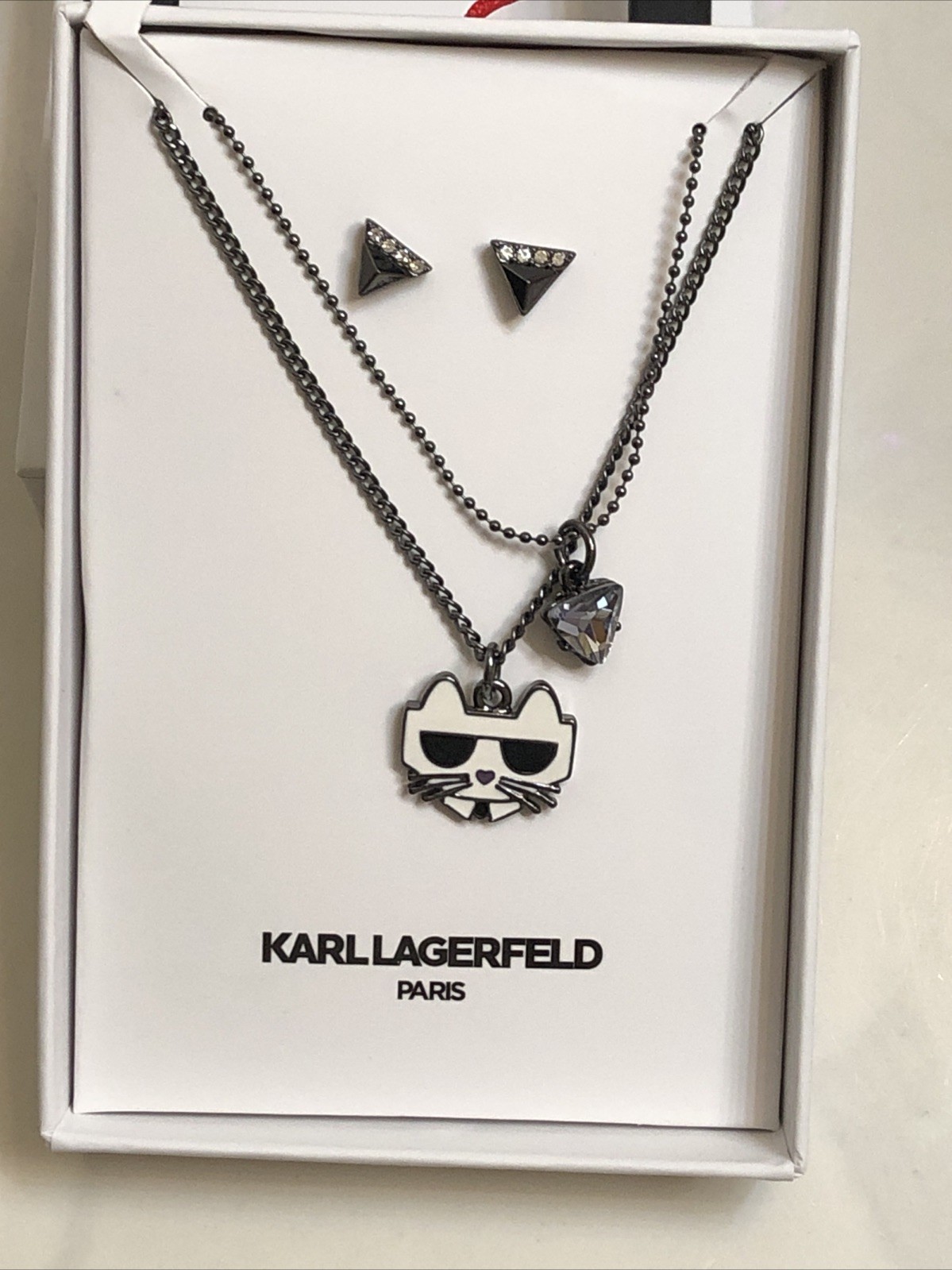 Karl Lagerfeld Paris Choupette Layered Pendant Necklace & Stud Earring Set NIB