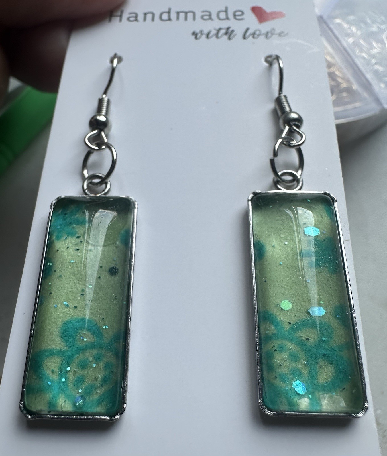 Green Blue Resin Rectangle Dangle/Drop Hook Earrings, Silver Plated, Handmade