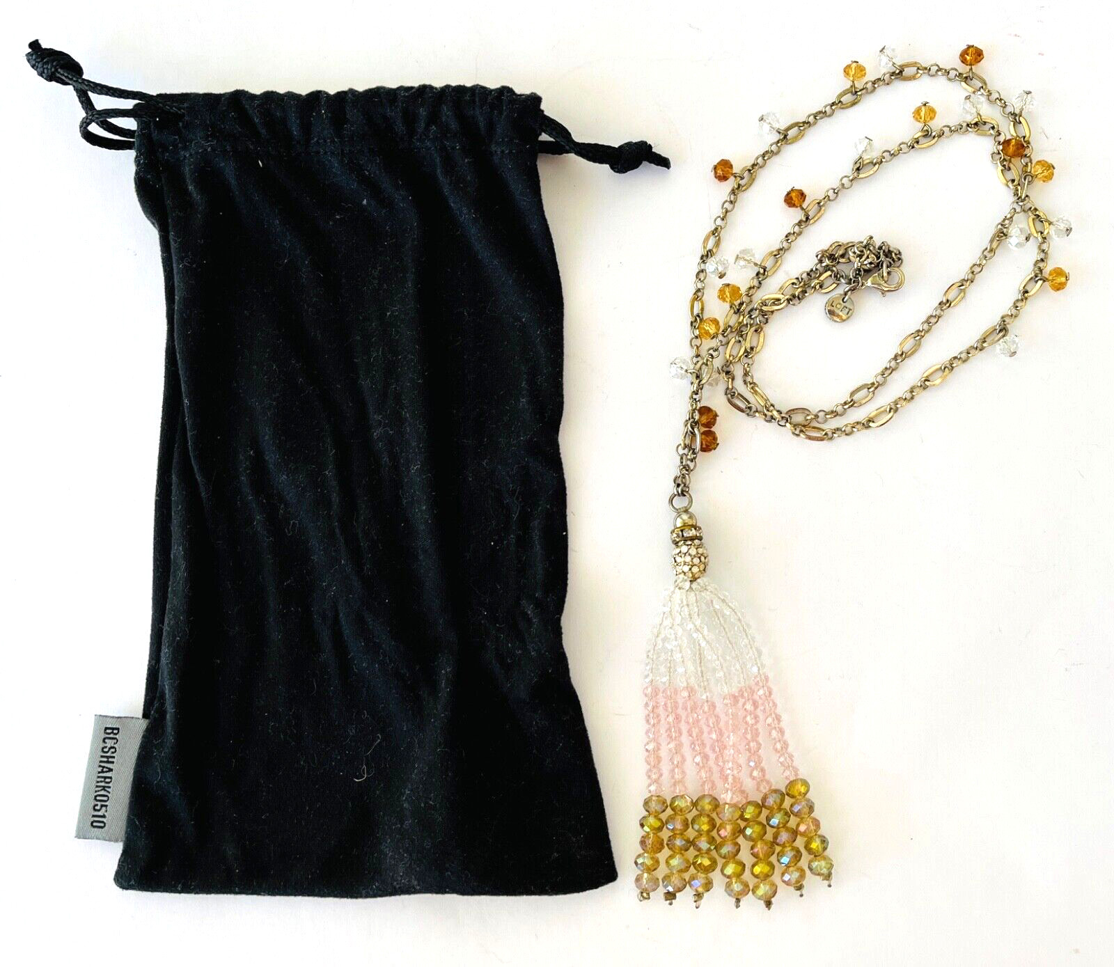 Loft Beaded Necklace Gold Pink White on Chain 32″ Plus 2″ Fringe Tassel Pendant
