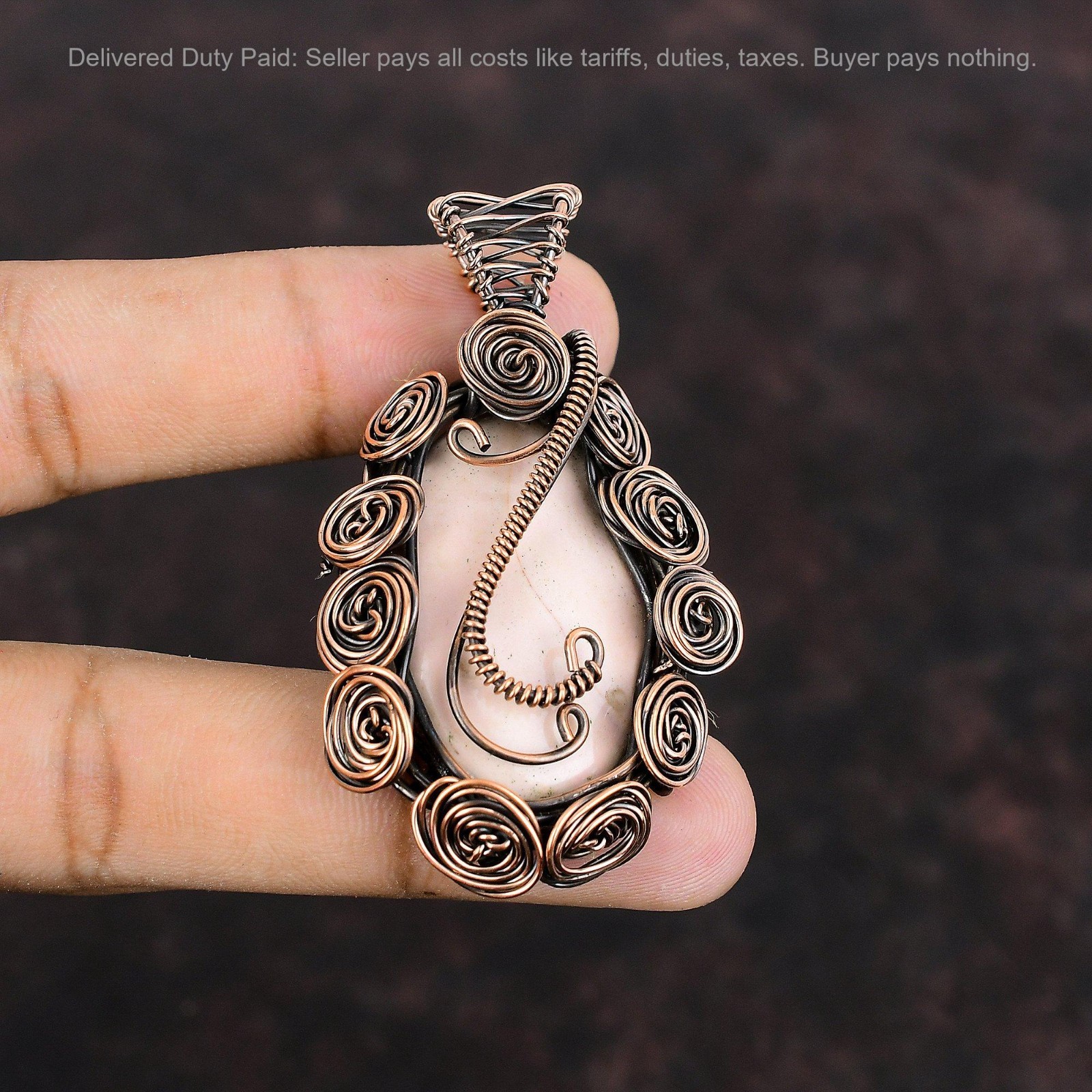 Christmas Deal Natural Pink Opal Wire Wrapped Flower Boho Pendant Jewelry Copper