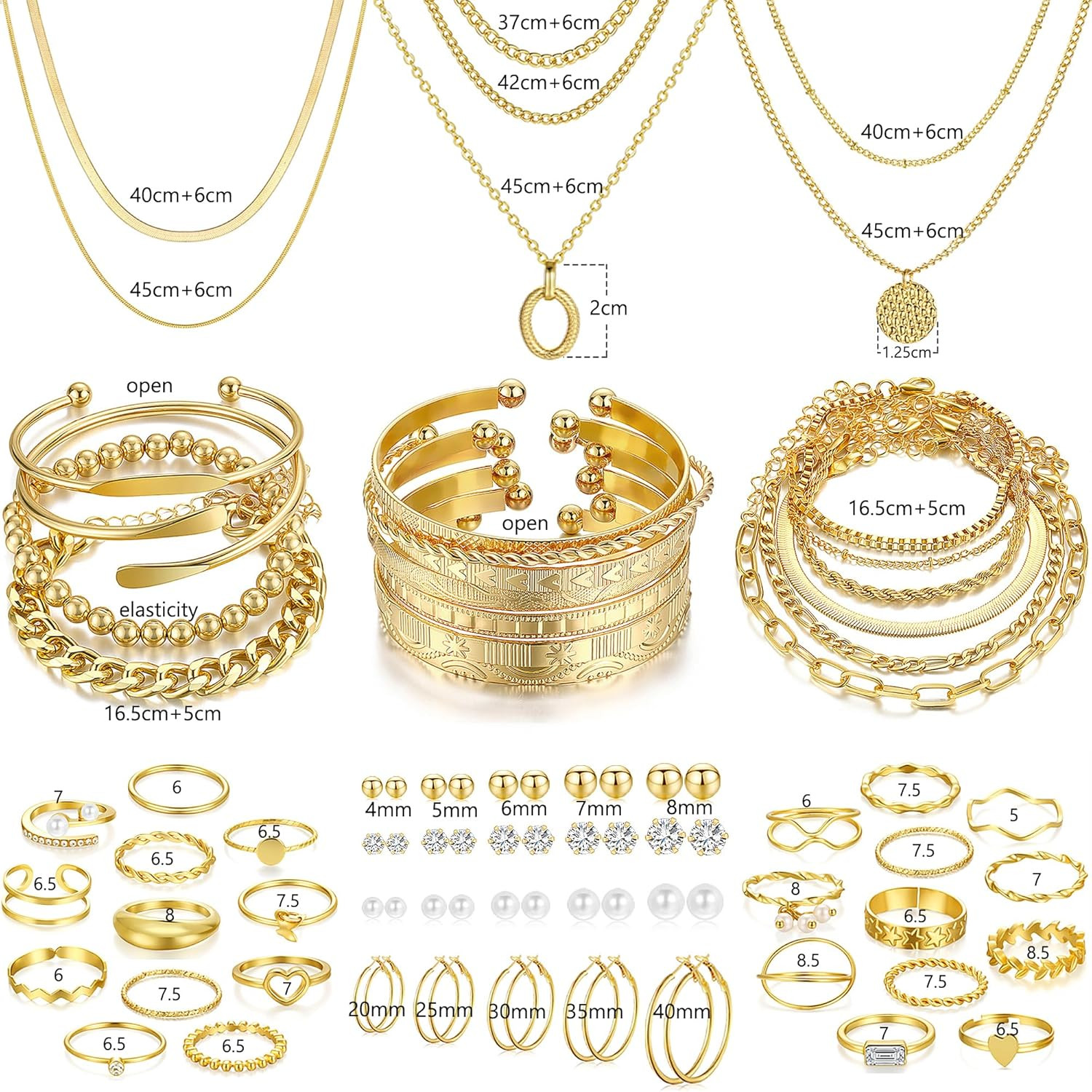 68 Pcs Gold Jewelry Set for Women with 7 Necklace, 17 Bracelet, 5 Hoop Earrings,