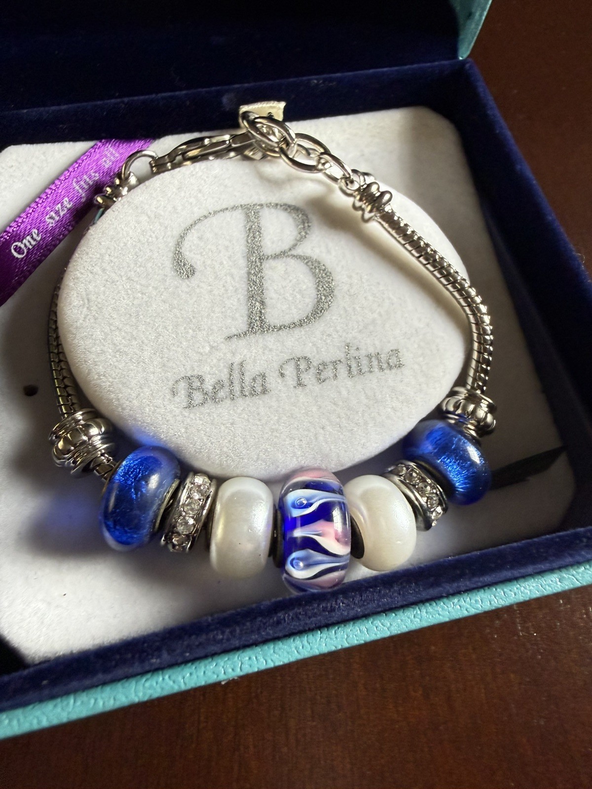 Bella Perlina Blue & Pearl White Color Bead Bracelet in Box- never worn new box