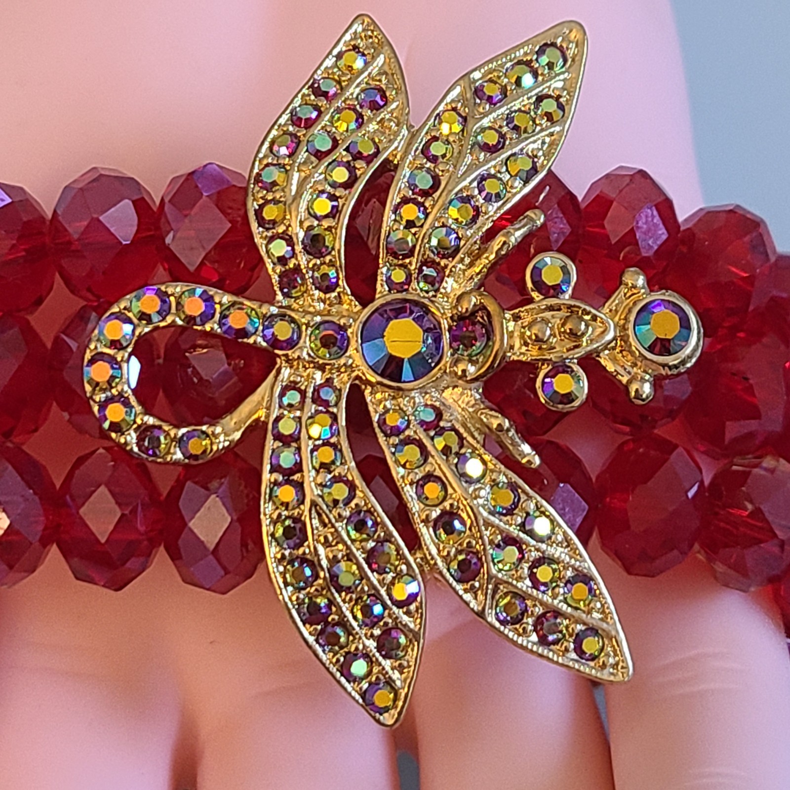 SALE Kirks Folly Dragonfly Desire 3 Strand Crystal Bracelet RUBY RED 9 IN WOW