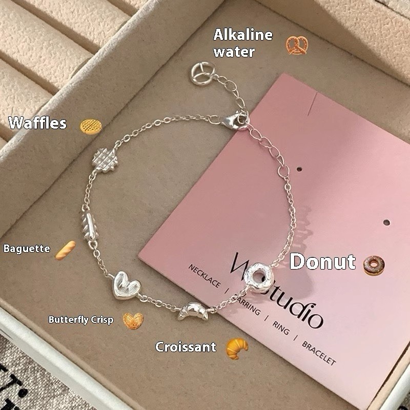 Cute Silver Plated Charm Bracelet Women Dainty Sweet Heart Bread Chain Jewelry