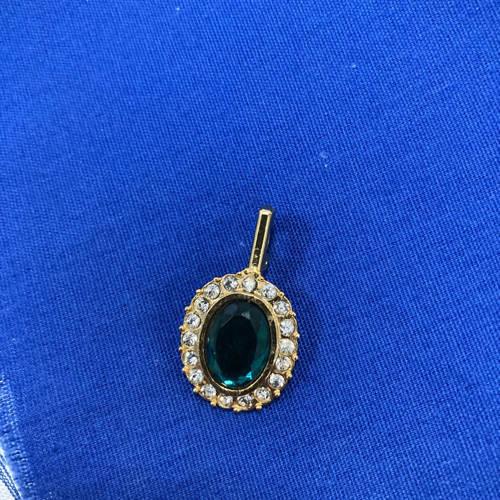 Pendant Gold Tone Faux Emerald Rhinestone 1.25 x .75″ Irish