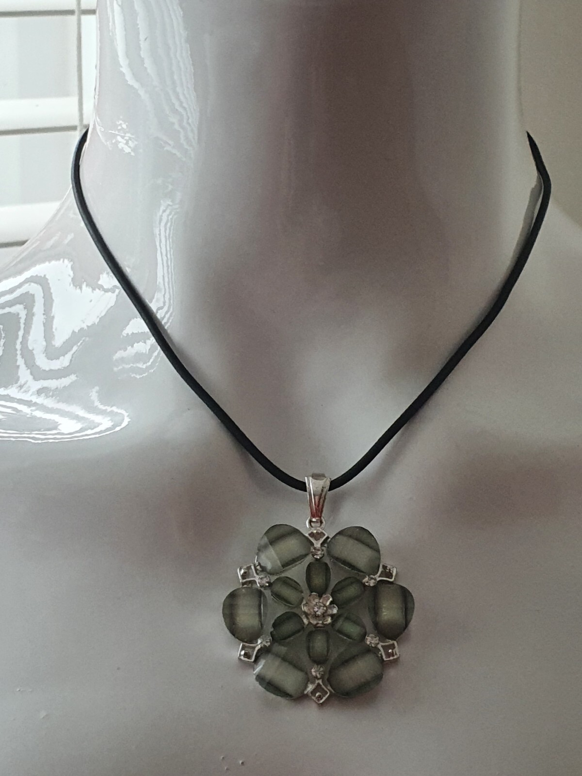 Sparkly Green Floral Clear Rhinestone Sliver Tone Black Cord Pendant Necklace