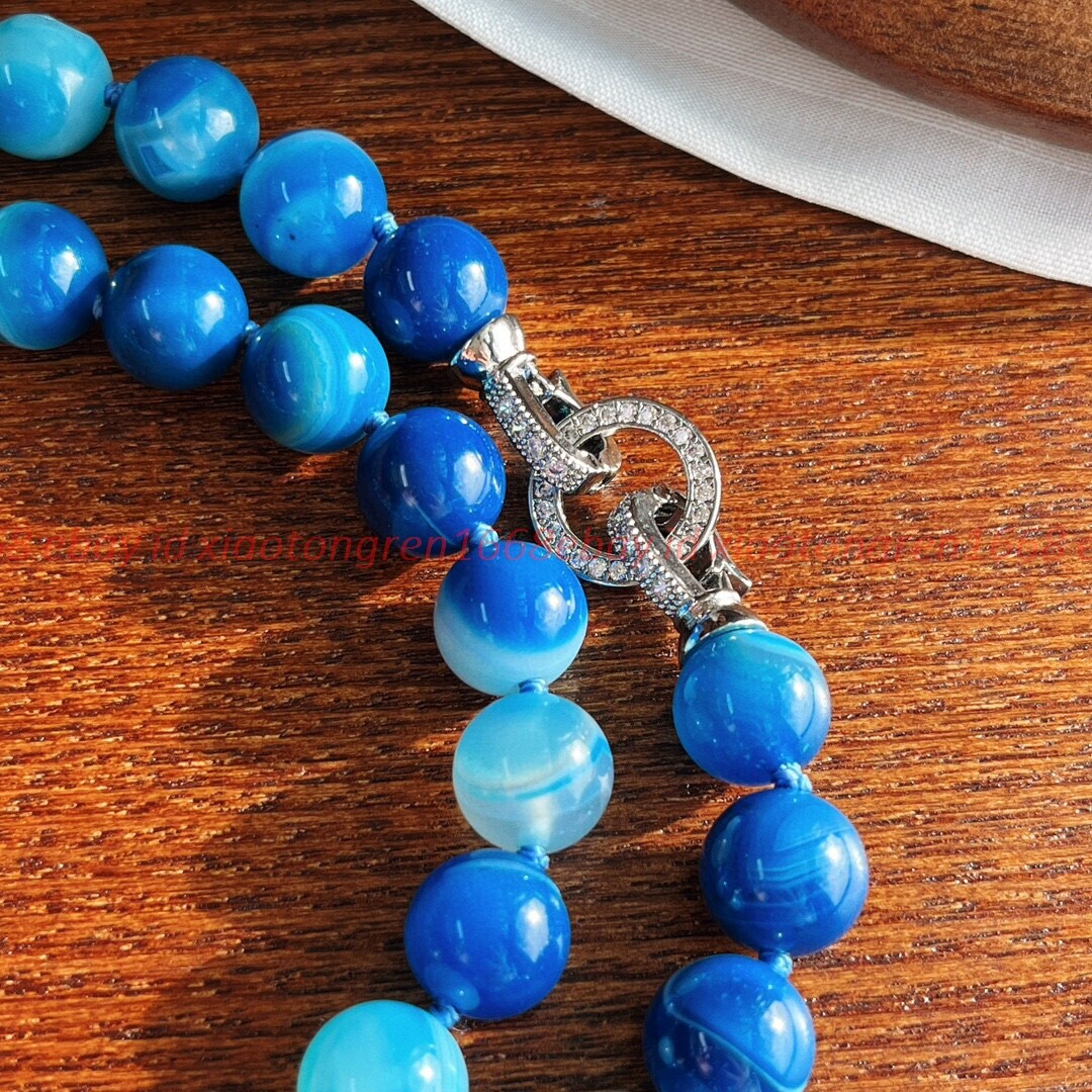 Natural Jewelry 10mm Blue Striped Agate Round Gemstone Beads Necklace 16-48” AA