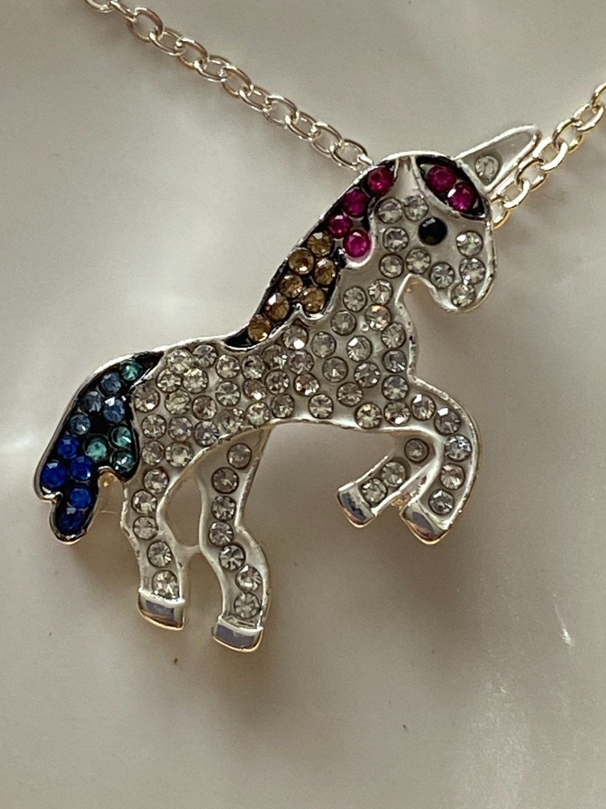 NEW Crystal Kingdom Silver Tone Unicorn Pendant Necklace 15-17″ Chain In Box
