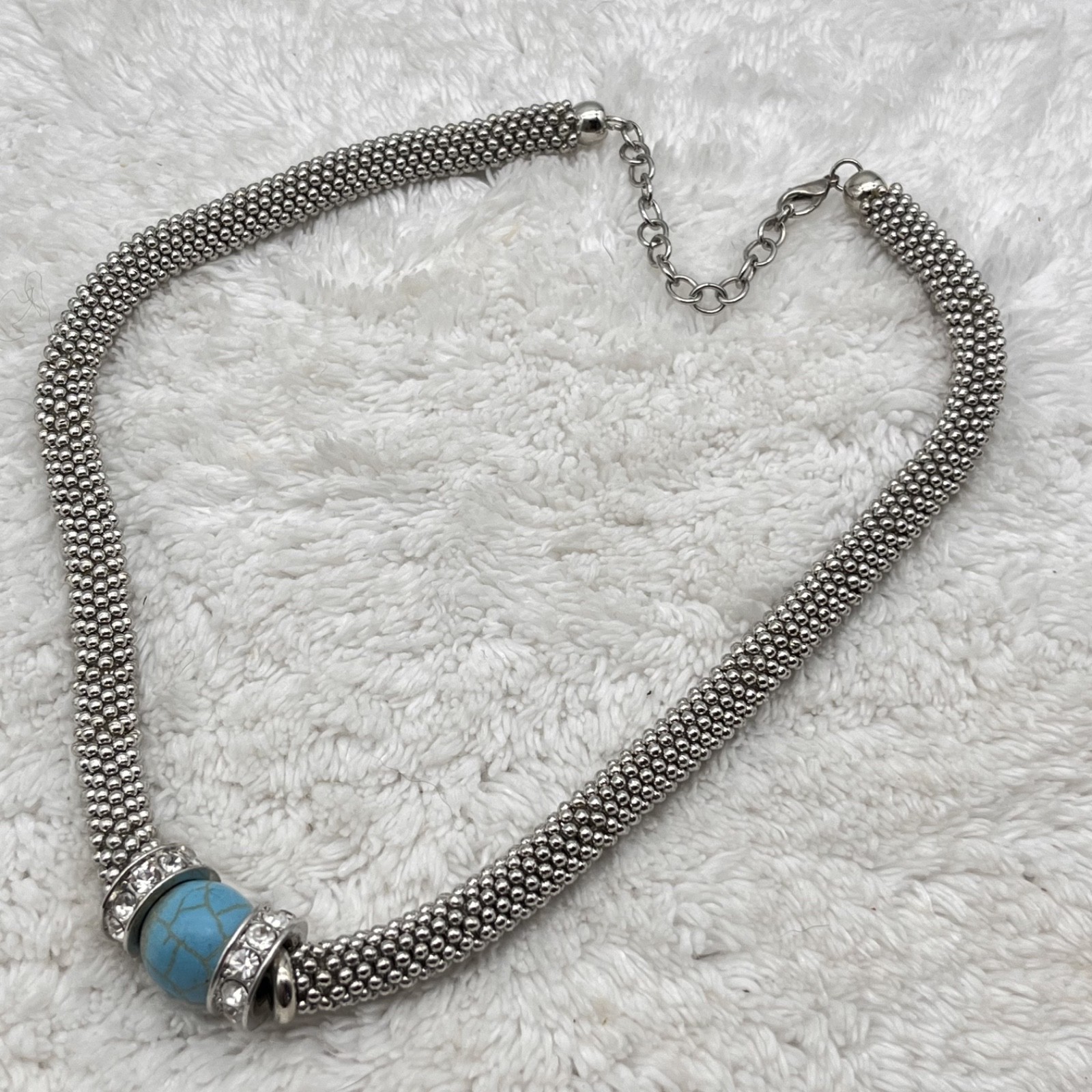 Chunky Southwestern Jewelry Set Necklace Stretch Bracelet Silver Tone Blue Stone