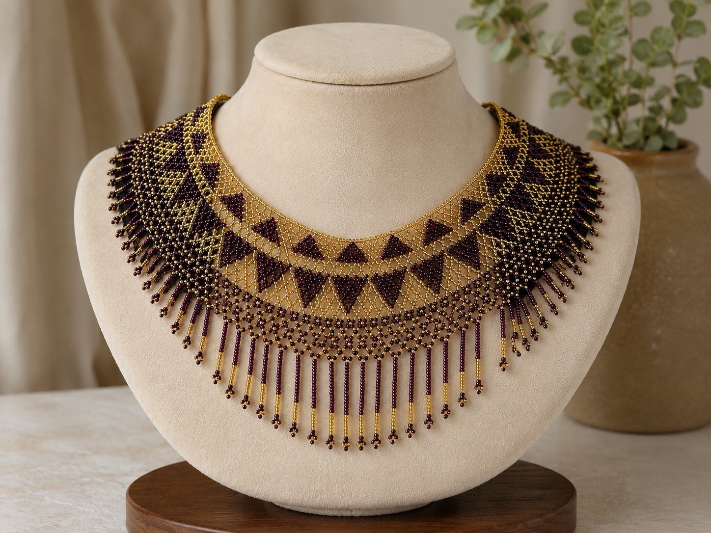 Gold Purple Beaded Bib Statement Necklace Fringe, Adjustable Lobster Clasp