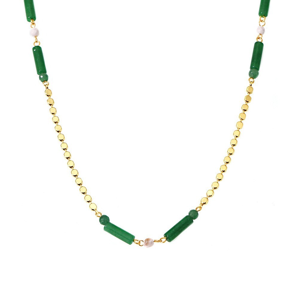 Stainless Steel Green Natural Stone Bamboo Bead Faux Pearl Necklace